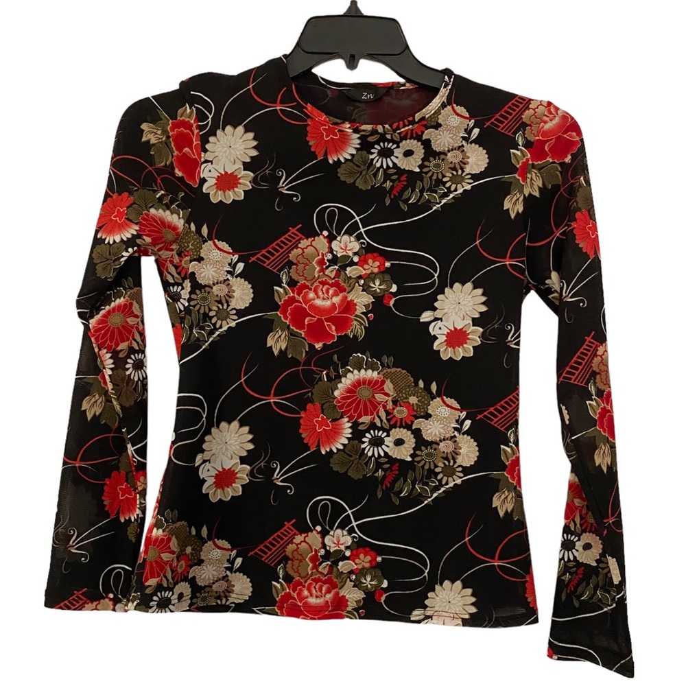 Vintage Y2K Asian Floral Print Sheer Long Sleeve Shirt Small